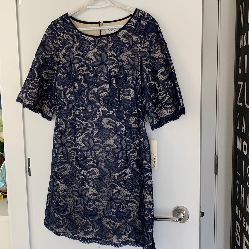 Dress for special occasion, blue embroidered with gold back zipper